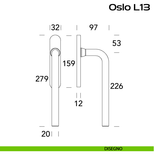 Maniglione per alzante scorrevole singolo cieco senza nicchia Oslo L13 Reguitti Inox - disegno