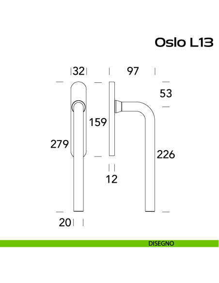 Maniglione per alzante scorrevole singolo cieco senza nicchia Oslo L13 Reguitti Inox - disegno