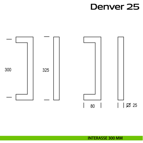 Maniglione quadrato in acciaio per porta Denver 25 Reguitti Inox interasse 300 mm