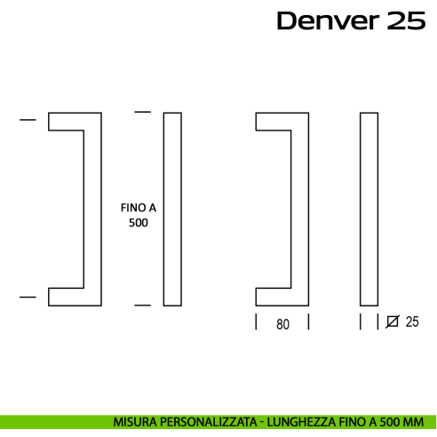 Maniglione quadrato in acciaio per porta Denver 25 Reguitti Inox lunghezza personalizzata fino a 500 mm