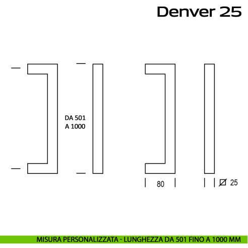 Maniglione quadrato in acciaio per porta Denver 25 Reguitti Inox lunghezza personalizzata da 501 mm fino a 1000 mm