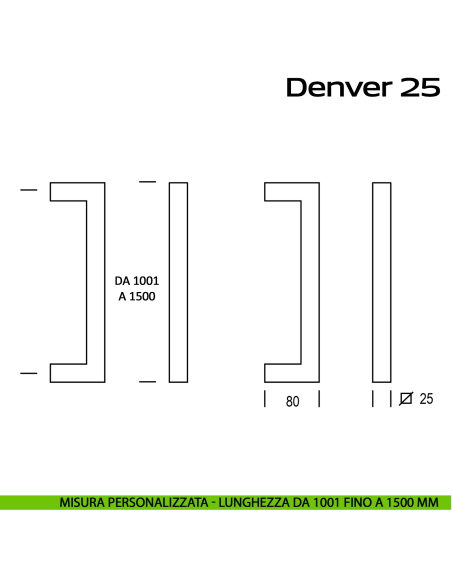 Maniglione quadrato in acciaio per porta Denver 25 Reguitti Inox lunghezza personalizzata da 1001 mm fino a 1500 mm