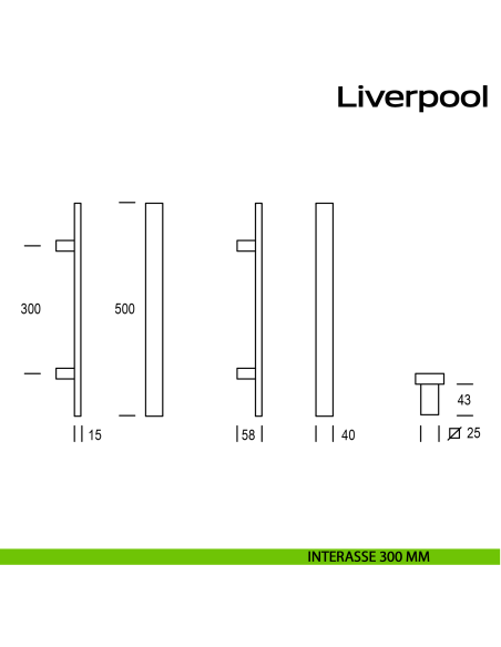 Maniglione squadrato in acciaio per porta Liverpool Reguitti Inox interasse 300 mm