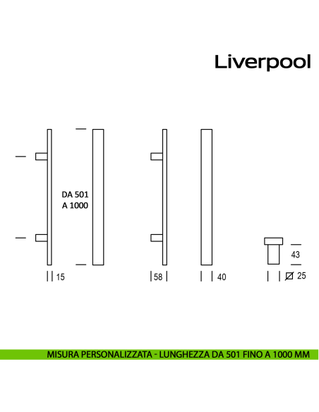 Maniglione squadrato in acciaio per porta Liverpool Reguitti Inox lunghezza personalizzata da 501 mm fino a 1000 mm