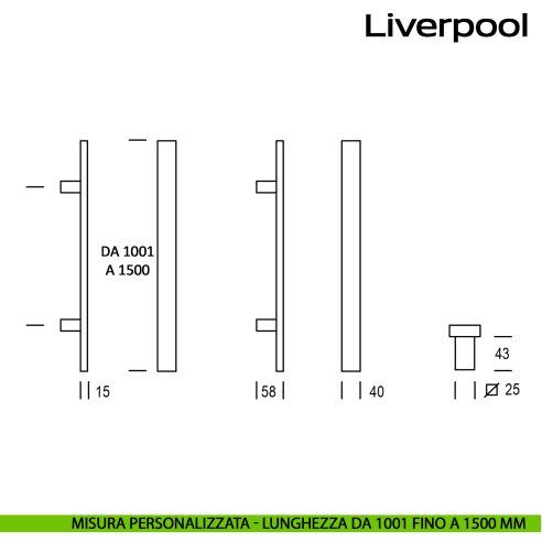 Maniglione squadrato in acciaio per porta Liverpool Reguitti Inox lunghezza personalizzata da 1001 mm fino a 1500 mm