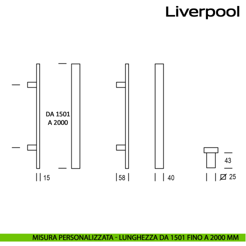 Maniglione squadrato in acciaio per porta Liverpool Reguitti Inox lunghezza personalizzata da 1501 mm fino a 2000 mm