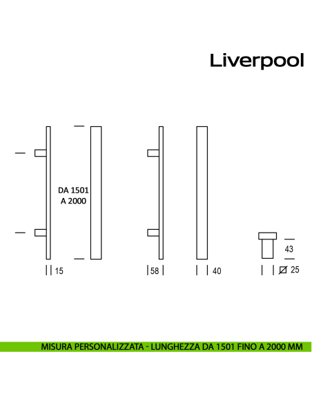 Maniglione squadrato in acciaio per porta Liverpool Reguitti Inox lunghezza personalizzata da 1501 mm fino a 2000 mm