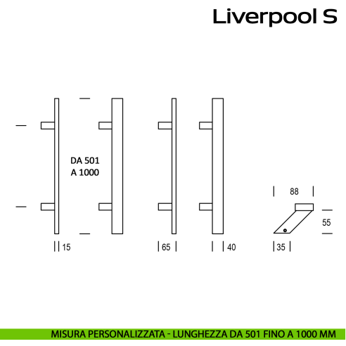 Maniglione zancato in acciaio per porta Liverpool S Reguitti Inox lunghezza personalizzata da 501 mm fino a 1000 mm
