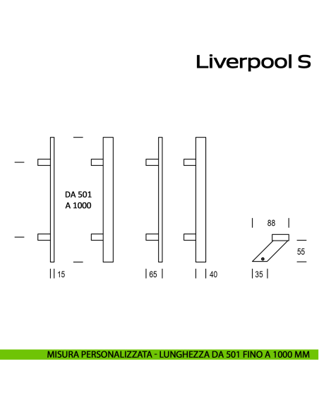 Maniglione zancato in acciaio per porta Liverpool S Reguitti Inox lunghezza personalizzata da 501 mm fino a 1000 mm