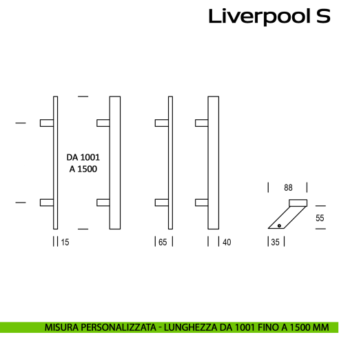 Maniglione zancato in acciaio per porta Liverpool S Reguitti Inox lunghezza personalizzata da 1001 mm fino a 1500 mm