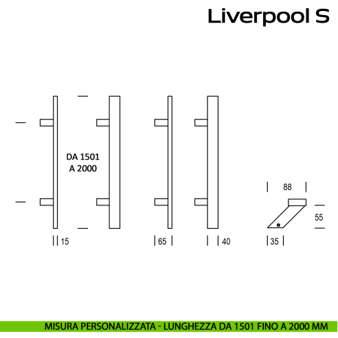Maniglione zancato in acciaio per porta Liverpool S Reguitti Inox lunghezza personalizzata da 1501 mm fino a 2000 mm