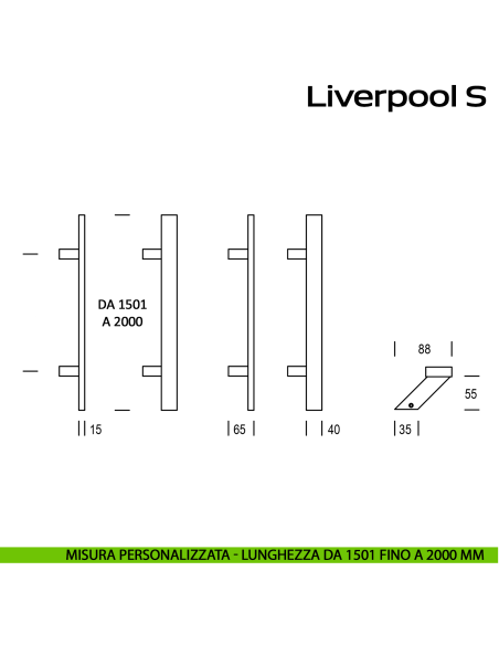 Maniglione zancato in acciaio per porta Liverpool S Reguitti Inox lunghezza personalizzata da 1501 mm fino a 2000 mm