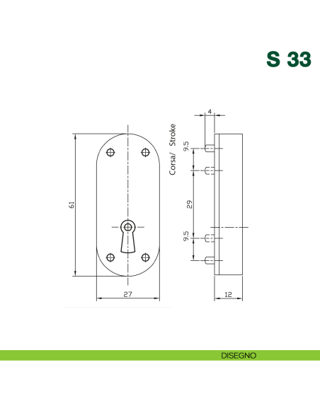 Serratura a stringa da incassare per armadio KYR Securital S 33 senza alette di fissaggio - disegno