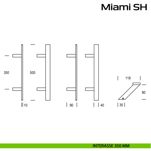 Maniglione spostato acciaio per porta Miami SH Reguitti Inox interasse 350 mm
