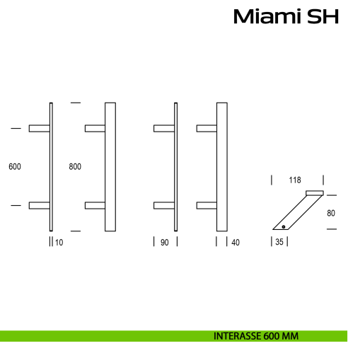 Maniglione spostato acciaio per porta Miami SH Reguitti Inox interasse 600 mm