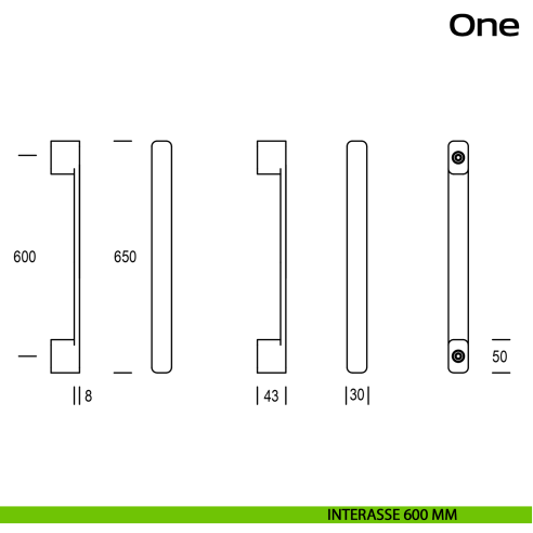 Maniglione in acciaio per porta One Reguitti Inox diritto interasse 600 mm