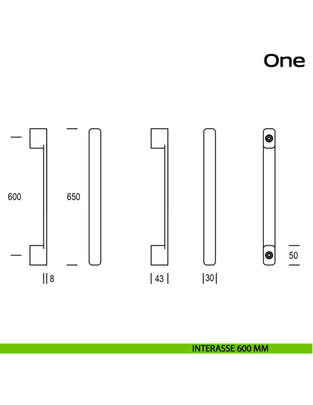 Maniglione in acciaio per porta One Reguitti Inox diritto interasse 600 mm