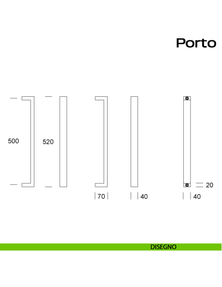 Maniglione squadrato in acciaio per porta Porto Reguitti Inox diritto disegno