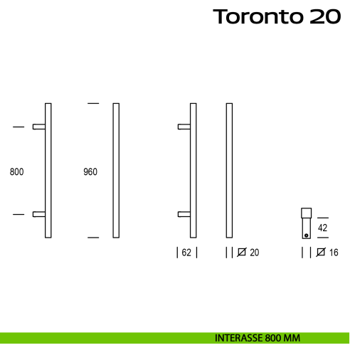 Maniglione diritto in acciaio per porta Toronto 20 Reguitti Inox interasse 800 mm