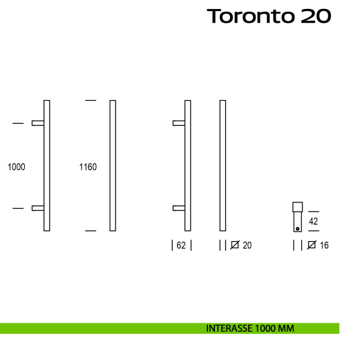 Maniglione diritto in acciaio per porta Toronto 20 Reguitti Inox interasse 1000 mm