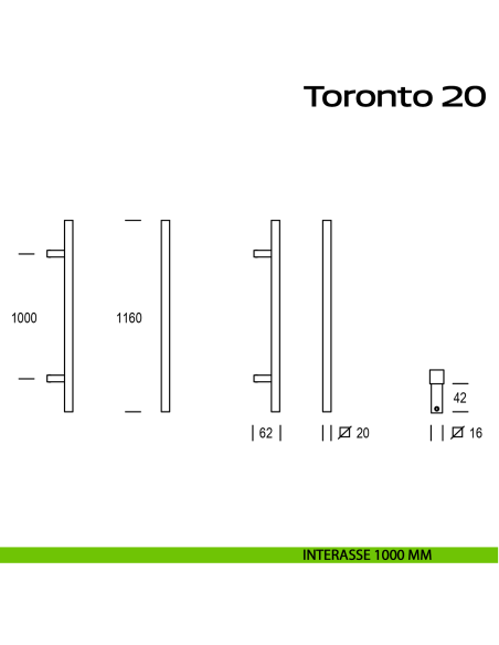 Maniglione diritto in acciaio per porta Toronto 20 Reguitti Inox interasse 1000 mm