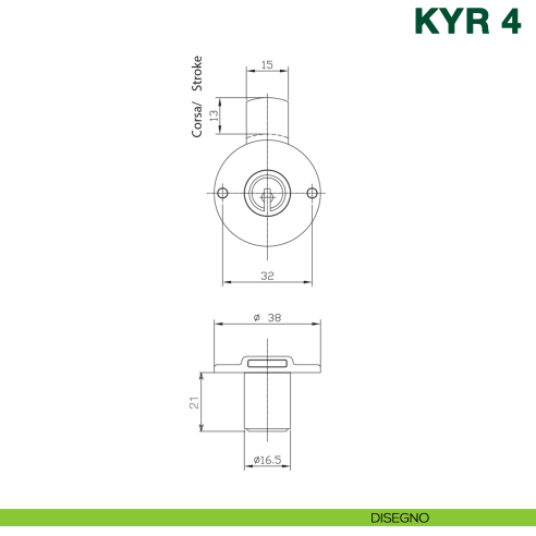 Serratura per cassetto con cilindro KYR Securital diametro 16,5 mm lunghezza 21 mm KYR 4 C16 ottonata - disegno