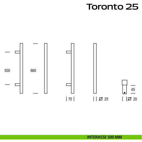 Maniglione squadrato in acciaio per porta Toronto 25 Reguitti Inox interasse 500 mm