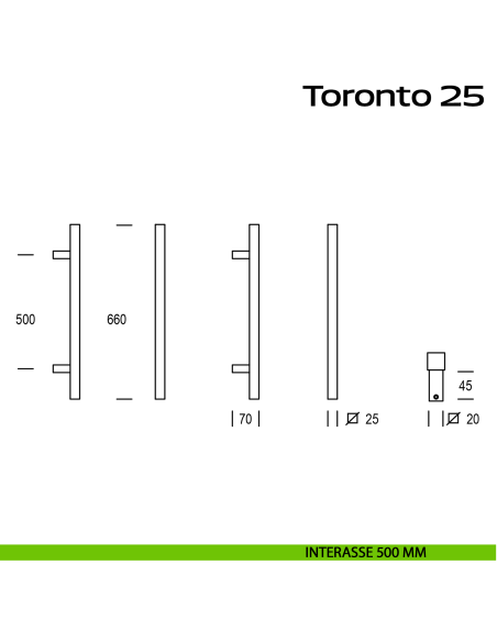 Maniglione squadrato in acciaio per porta Toronto 25 Reguitti Inox interasse 500 mm
