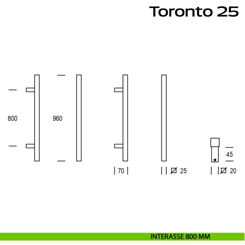 Maniglione squadrato in acciaio per porta Toronto 25 Reguitti Inox interasse 800 mm