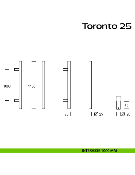Maniglione squadrato in acciaio per porta Toronto 25 Reguitti Inox interasse 1000 mm