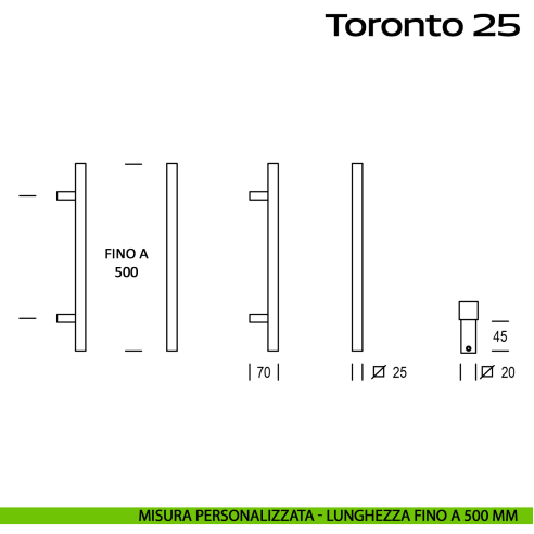Maniglione squadrato in acciaio per porta Toronto 25 Reguitti Inox lunghezza personalizzata fino a 500 mm