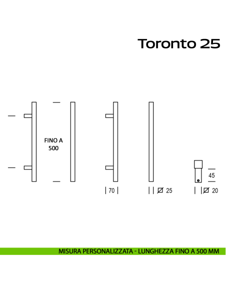 Maniglione squadrato in acciaio per porta Toronto 25 Reguitti Inox lunghezza personalizzata fino a 500 mm