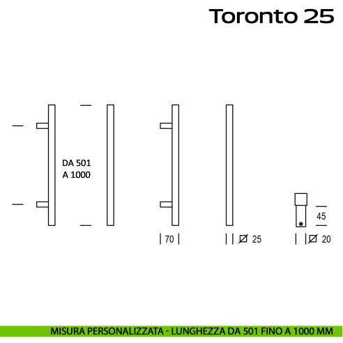 Maniglione squadrato in acciaio per porta Toronto 25 Reguitti Inox lunghezza personalizzata da 501 mm fino a 1000 mm
