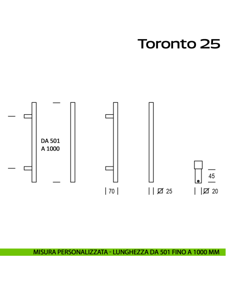 Maniglione squadrato in acciaio per porta Toronto 25 Reguitti Inox lunghezza personalizzata da 501 mm fino a 1000 mm