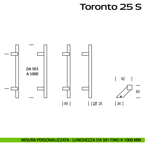 Maniglione spostato in acciaio per porta Toronto 25 S Reguitti Inox lunghezza personalizzata da 501 mm fino a 1000 mm