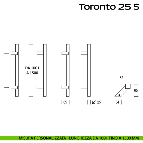 Maniglione spostato in acciaio per porta Toronto 25 S Reguitti Inox lunghezza personalizzata da 1001 mm fino a 1500 mm