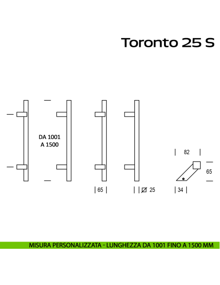 Maniglione spostato in acciaio per porta Toronto 25 S Reguitti Inox lunghezza personalizzata da 1001 mm fino a 1500 mm