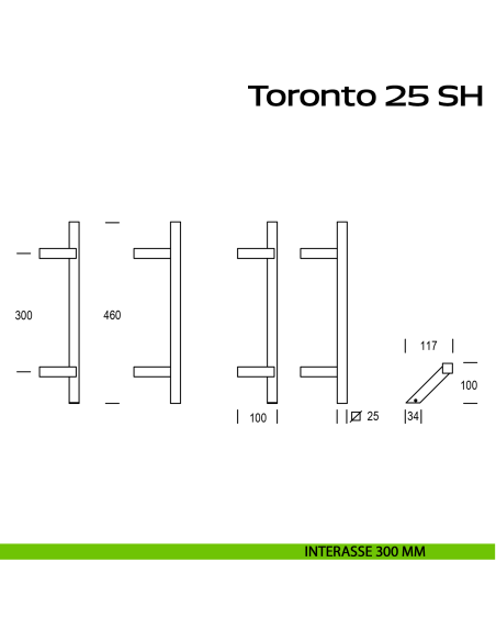 Maniglione zancato in acciaio per porta Toronto 25 SH Reguitti Inox interasse 300 mm