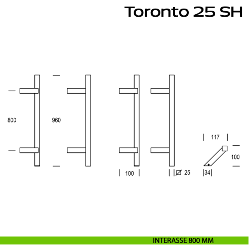 Maniglione zancato in acciaio per porta Toronto 25 SH Reguitti Inox interasse 800 mm