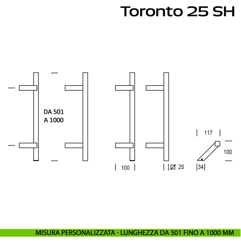Maniglione zancato in acciaio per porta Toronto 25 SH Reguitti Inox lunghezza personalizzata da 501 mm fino a 1000 mm