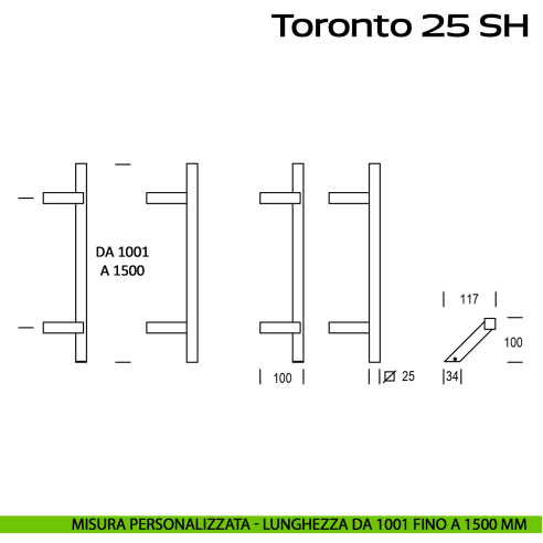Maniglione zancato in acciaio per porta Toronto 25 SH Reguitti Inox lunghezza personalizzata da 1001 mm fino a 1500 mm