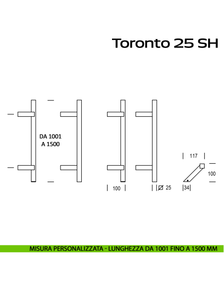 Maniglione zancato in acciaio per porta Toronto 25 SH Reguitti Inox lunghezza personalizzata da 1001 mm fino a 1500 mm
