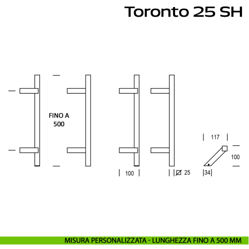 Maniglione zancato in acciaio per porta Toronto 25 SH Reguitti Inox lunghezza personalizzata fino a 500 mm