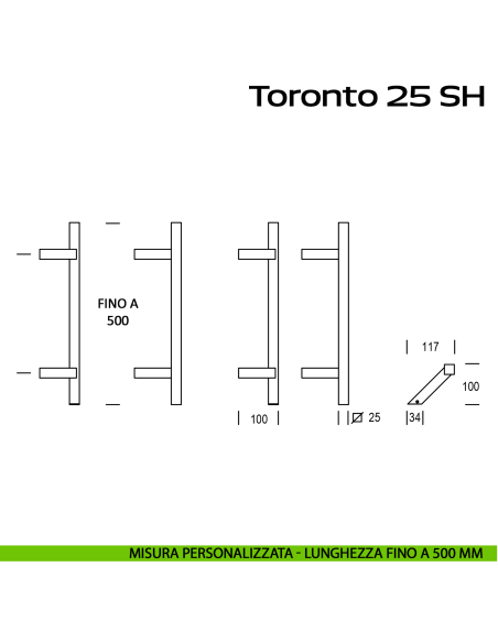 Maniglione zancato in acciaio per porta Toronto 25 SH Reguitti Inox lunghezza personalizzata fino a 500 mm