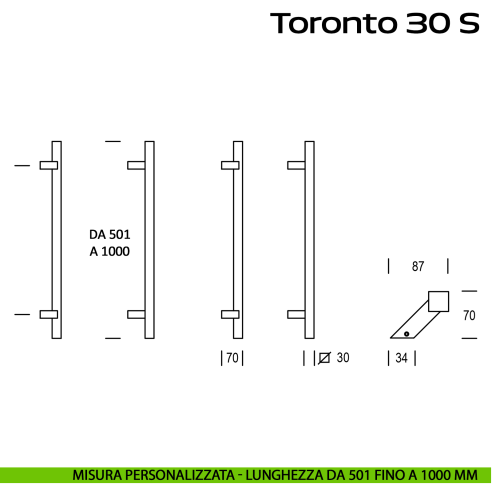 Maniglione in acciaio per porta Toronto 30 S Reguitti Inox zancato lunghezza personalizzata da 501 mm fino a 1000 mm
