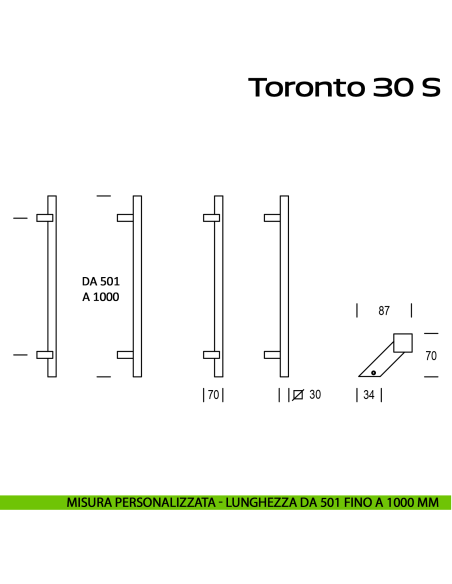 Maniglione in acciaio per porta Toronto 30 S Reguitti Inox zancato lunghezza personalizzata da 501 mm fino a 1000 mm