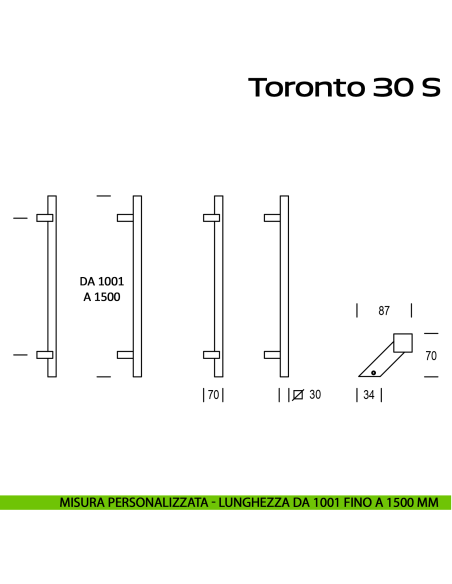 Maniglione in acciaio per porta Toronto 30 S Reguitti Inox zancato lunghezza personalizzata da 1001 mm fino a 1500 mm