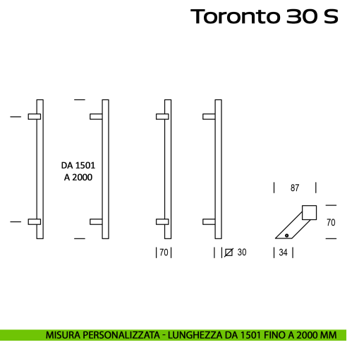 Maniglione in acciaio per porta Toronto 30 S Reguitti Inox zancato lunghezza personalizzata da 1501 mm fino a 2000 mm