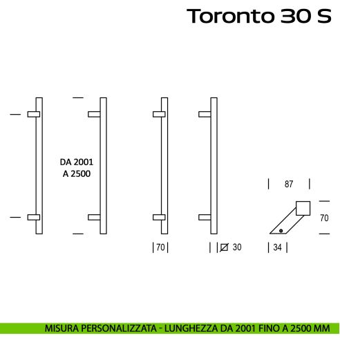 Maniglione in acciaio per porta Toronto 30 S Reguitti Inox zancato lunghezza personalizzata da 2001 mm fino a 2500 mm