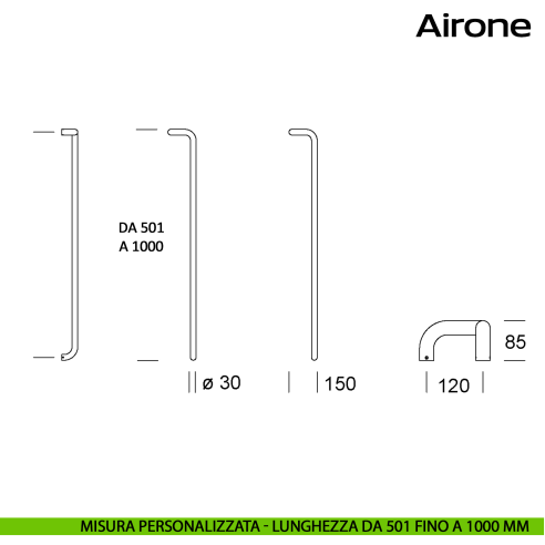 Maniglione tondo in acciaio per porta Airone Reguitti Inox zancato lunghezza personalizzata da 501 mm fino a 1000 mm